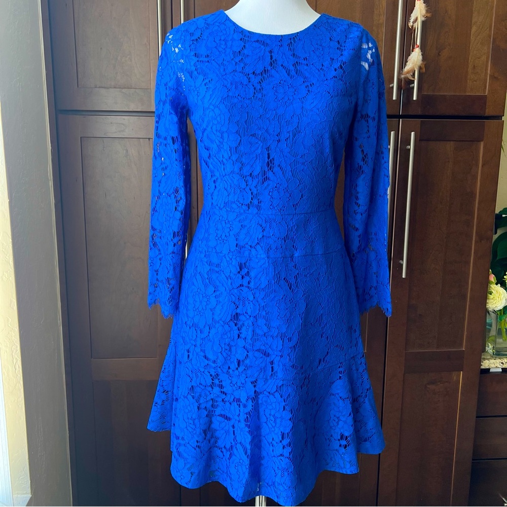 J. Crew Cobalt Blue Lace Mini Fit & Flare Full Sleeve Dress